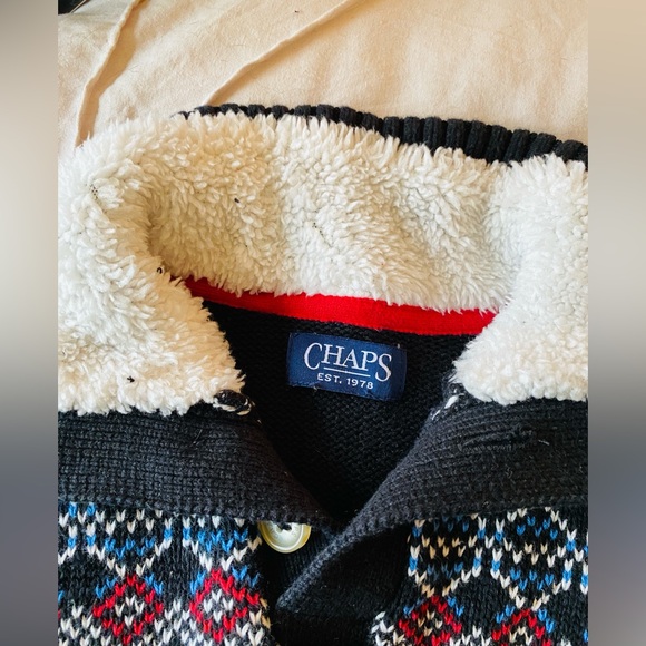Chaps Boys Fair Isle 3/4 Button Sweater, Sherpa Lined Collar. - Picture 3 of 10